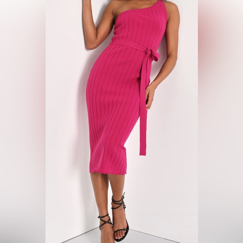 Lulus XS Magenta Pink one shoulder ribbed knit midi dresss